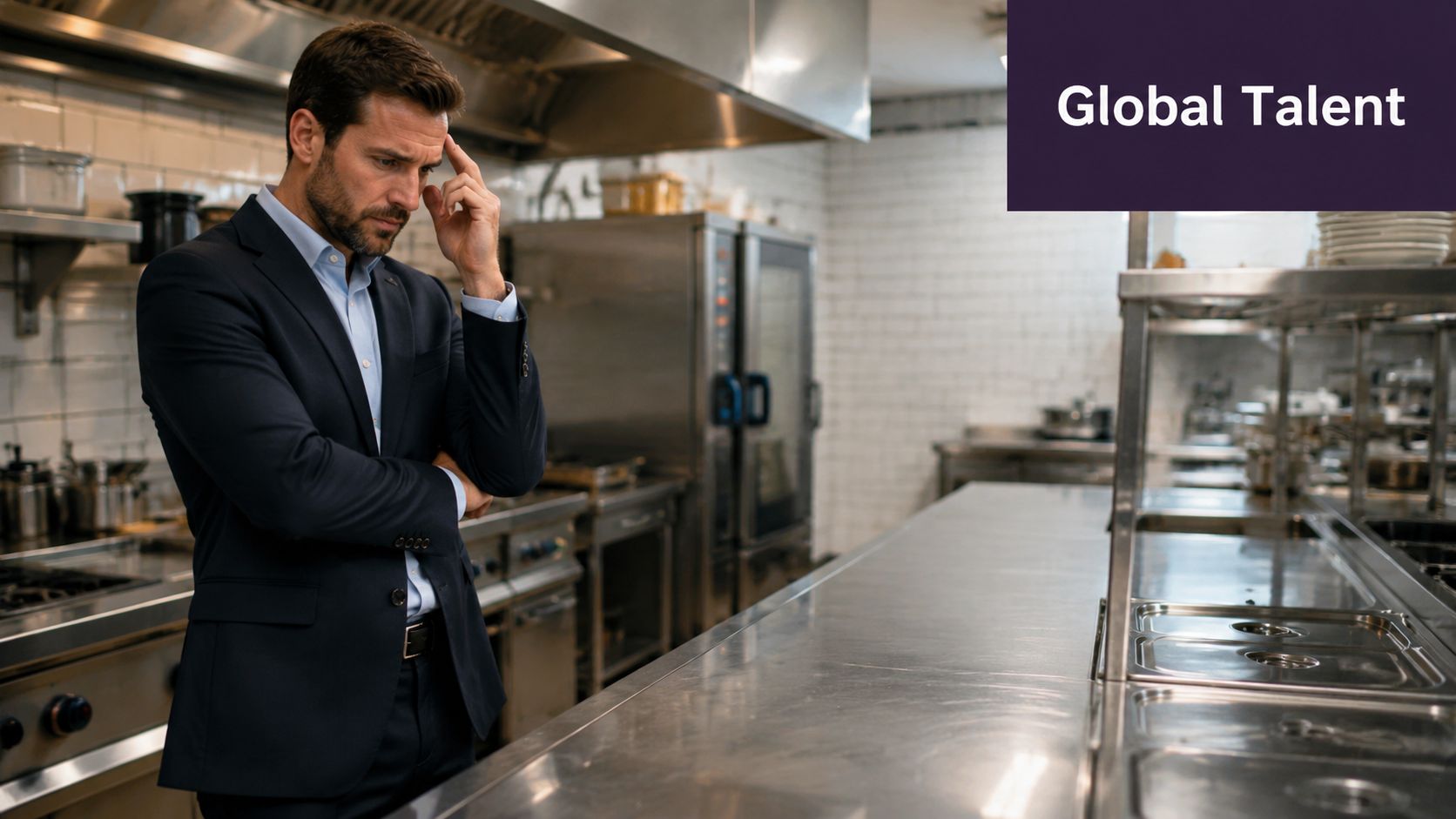 A concerned businessman in a suit standing in a professional kitchen, looking thoughtful and worried.