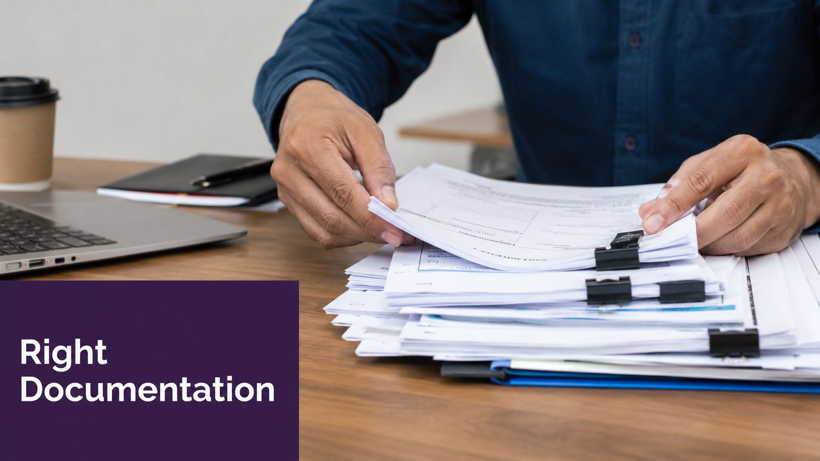 A professional organizing paperwork and documents on a desk with a laptop to manage visa applications.
