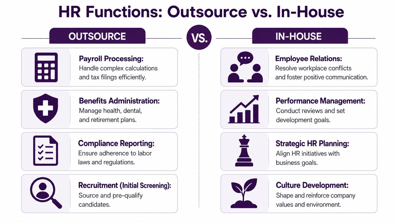 A comparison chart outlining HR functions that are commonly outsourced versus those best handled in-house.