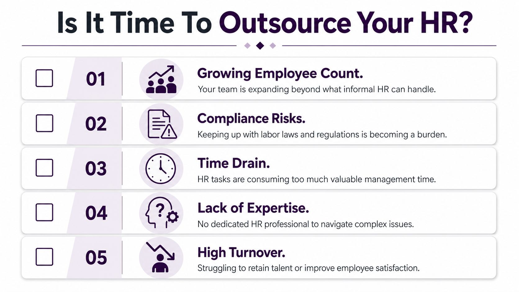 A checklist infographic titled Is It Time To Outsource Your HR listing five reasons for business outsourcing.
