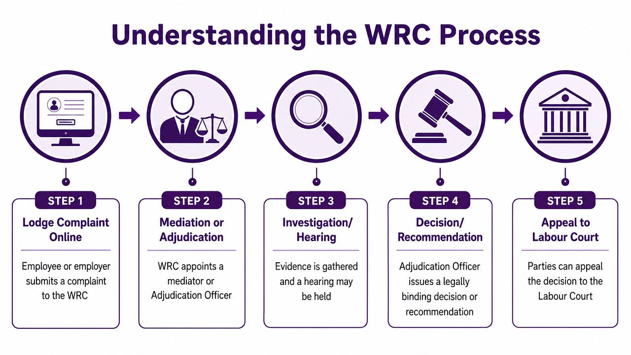 A five-step flowchart illustrating the WRC workplace dispute resolution process from lodging a complaint to legal appeal.