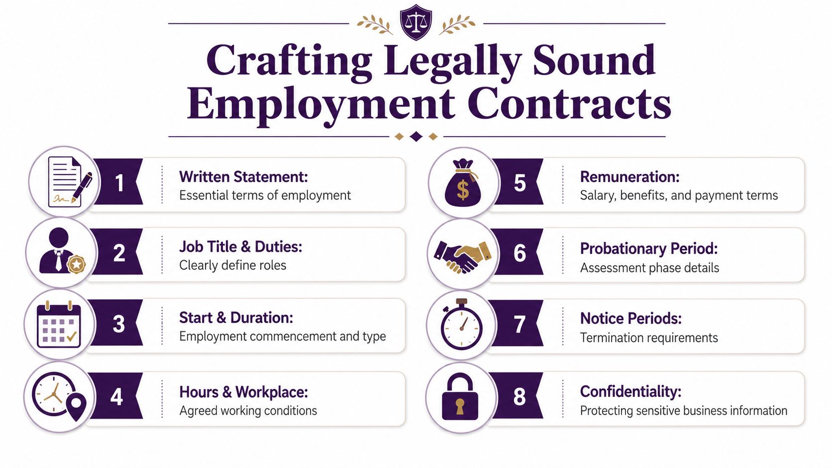 An infographic detailing eight essential steps for creating legally sound and professional employment contracts for businesses.