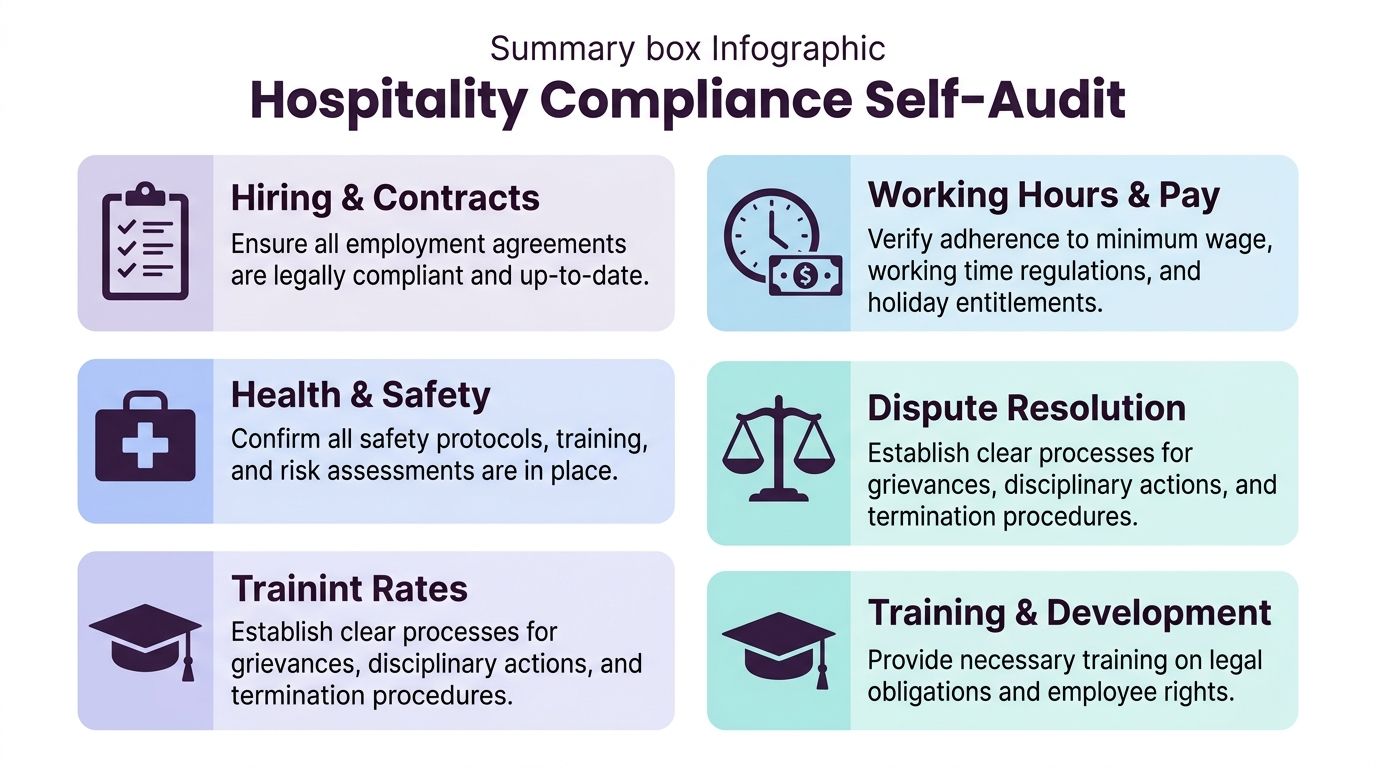 An infographic titled Hospitality Compliance Self-Audit showing six key areas for business regulatory and legal compliance.