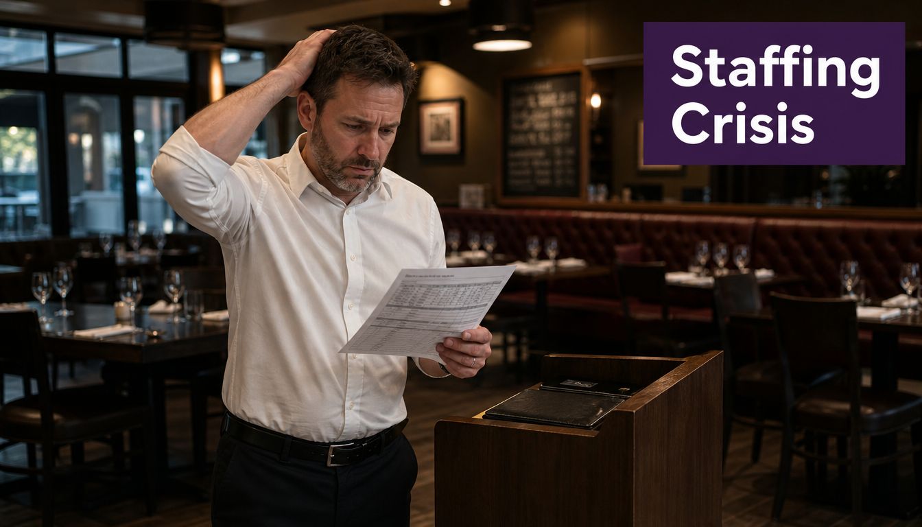 A concerned restaurant manager holding a staffing schedule, reflecting on the current hospitality workforce challenges.