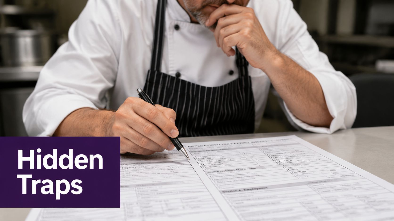 A professional chef sits at a table carefully reviewing and filling out a detailed employment application form.