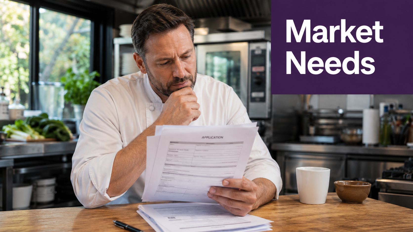 A focused professional chef in a commercial kitchen environment reviewing an employment application document.