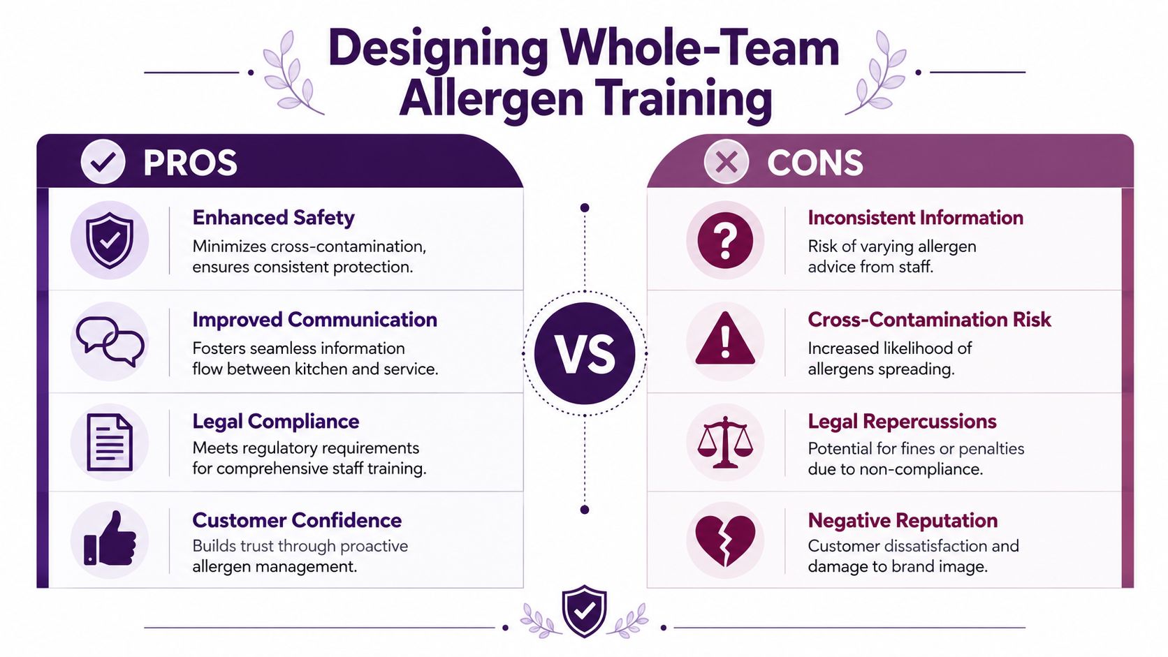 A comparison chart showing the pros and cons of implementing whole-team allergen training in a food business.
