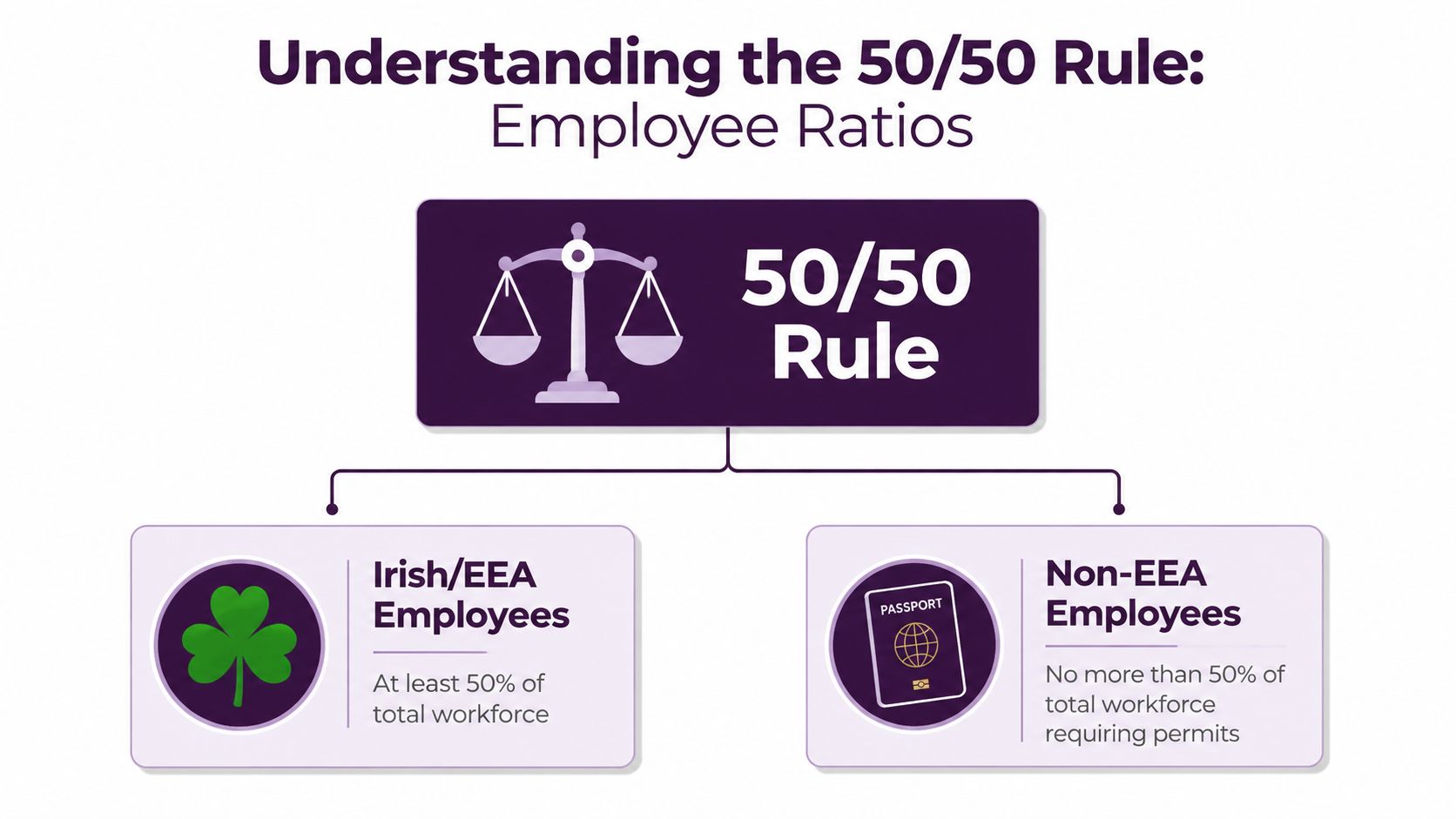 An infographic explaining the 50/50 rule for Irish employment permits requiring at least half of employees to be from the EEA.