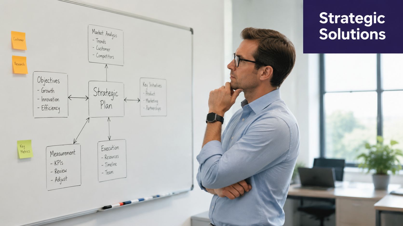 A professional man contemplating a strategic plan flowchart drawn on a whiteboard in an office setting.