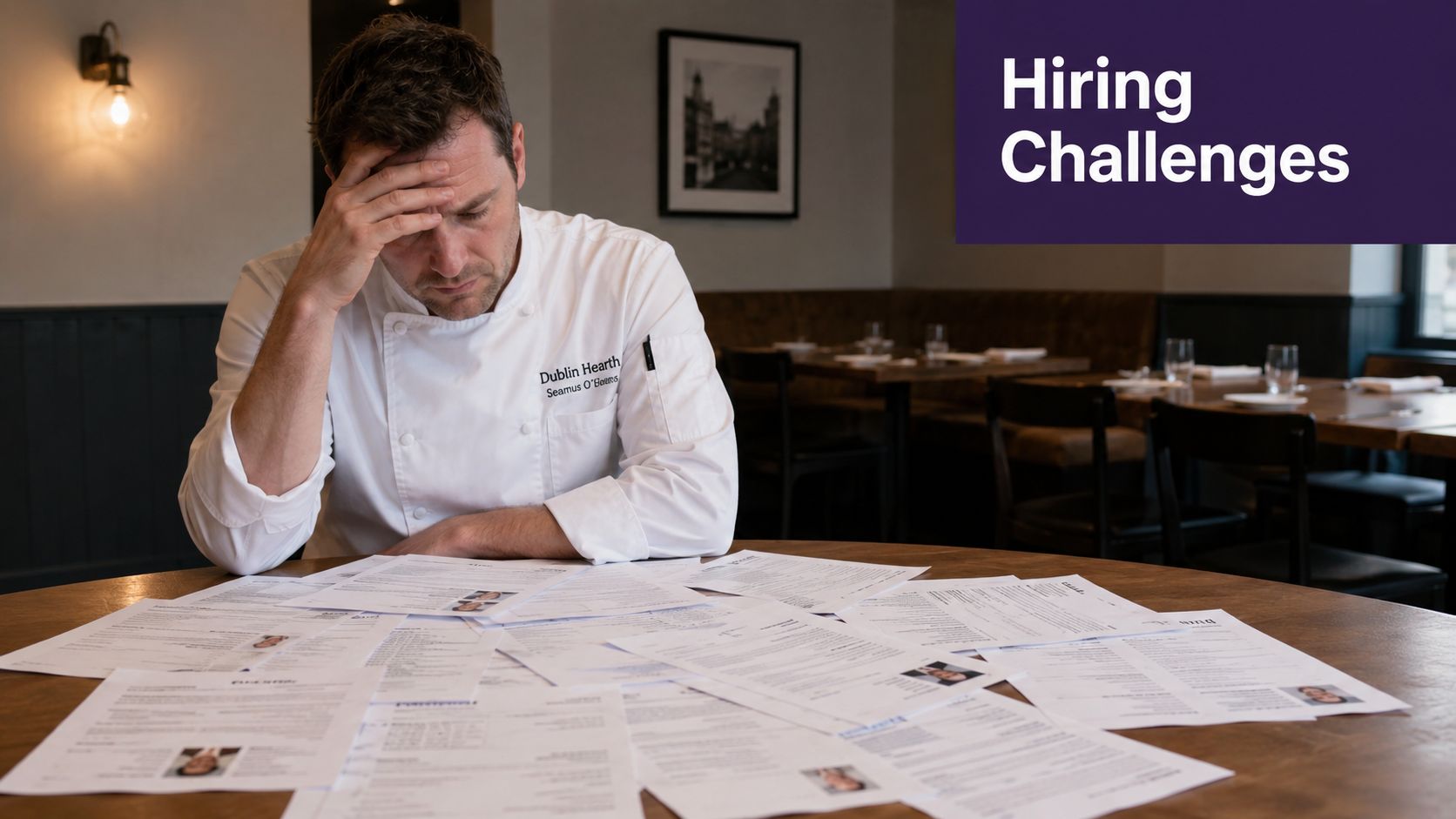 A stressed chef sitting at a table covered in numerous hiring resumes at a restaurant.