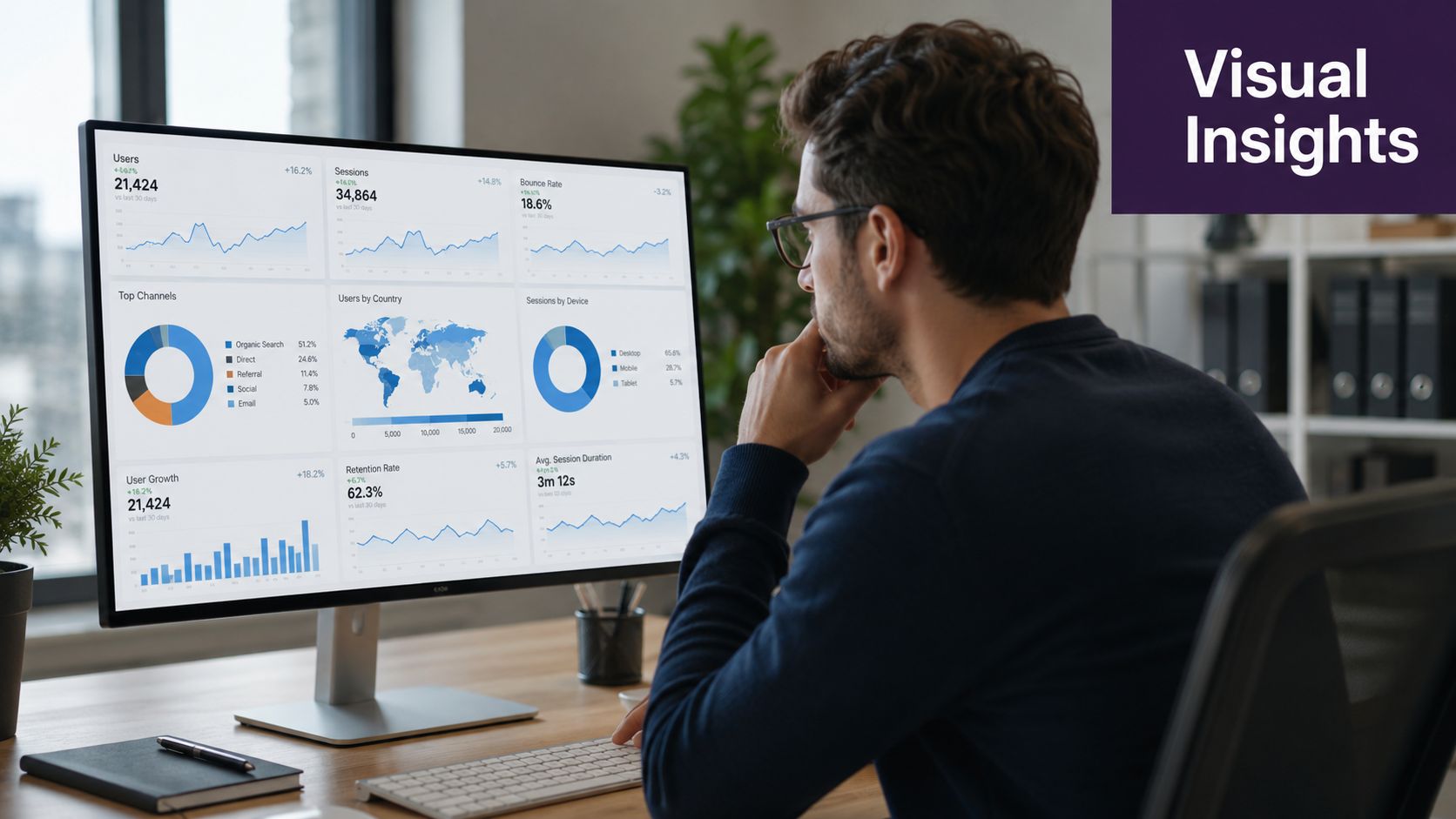 A professional analyzing data analytics dashboards on a large computer monitor in a modern office workspace.