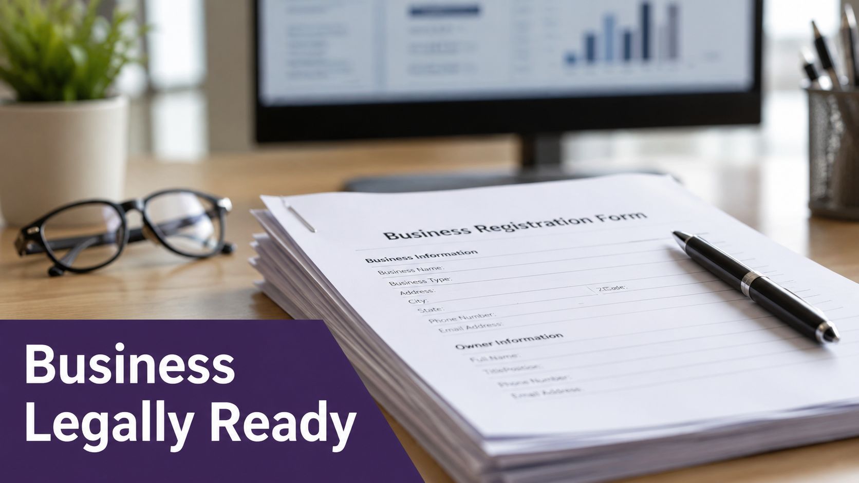 A stack of business registration forms on a desk with glasses and a pen for international hiring.