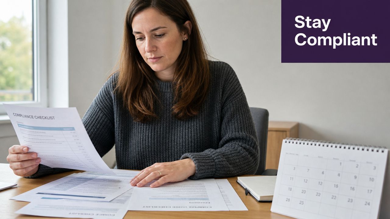 A woman reviewing compliance documents at a desk with a calendar, focusing on workplace regulatory requirements.