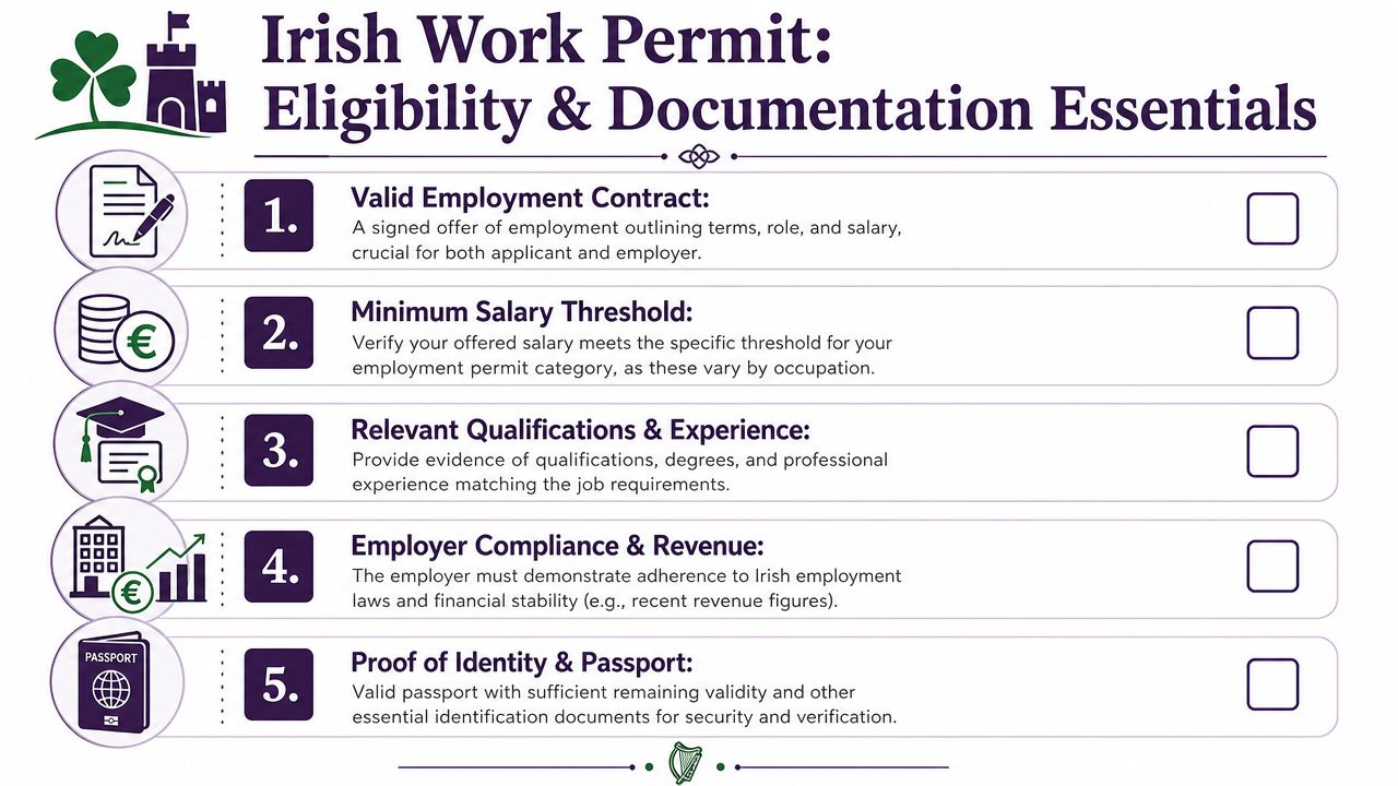 An infographic detailing the five essential eligibility requirements for obtaining an Irish employment permit.