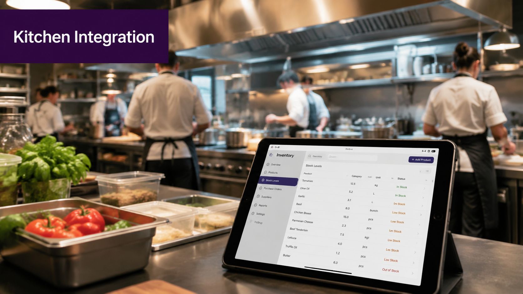 A digital tablet displaying an inventory management system in a busy professional restaurant kitchen environment.