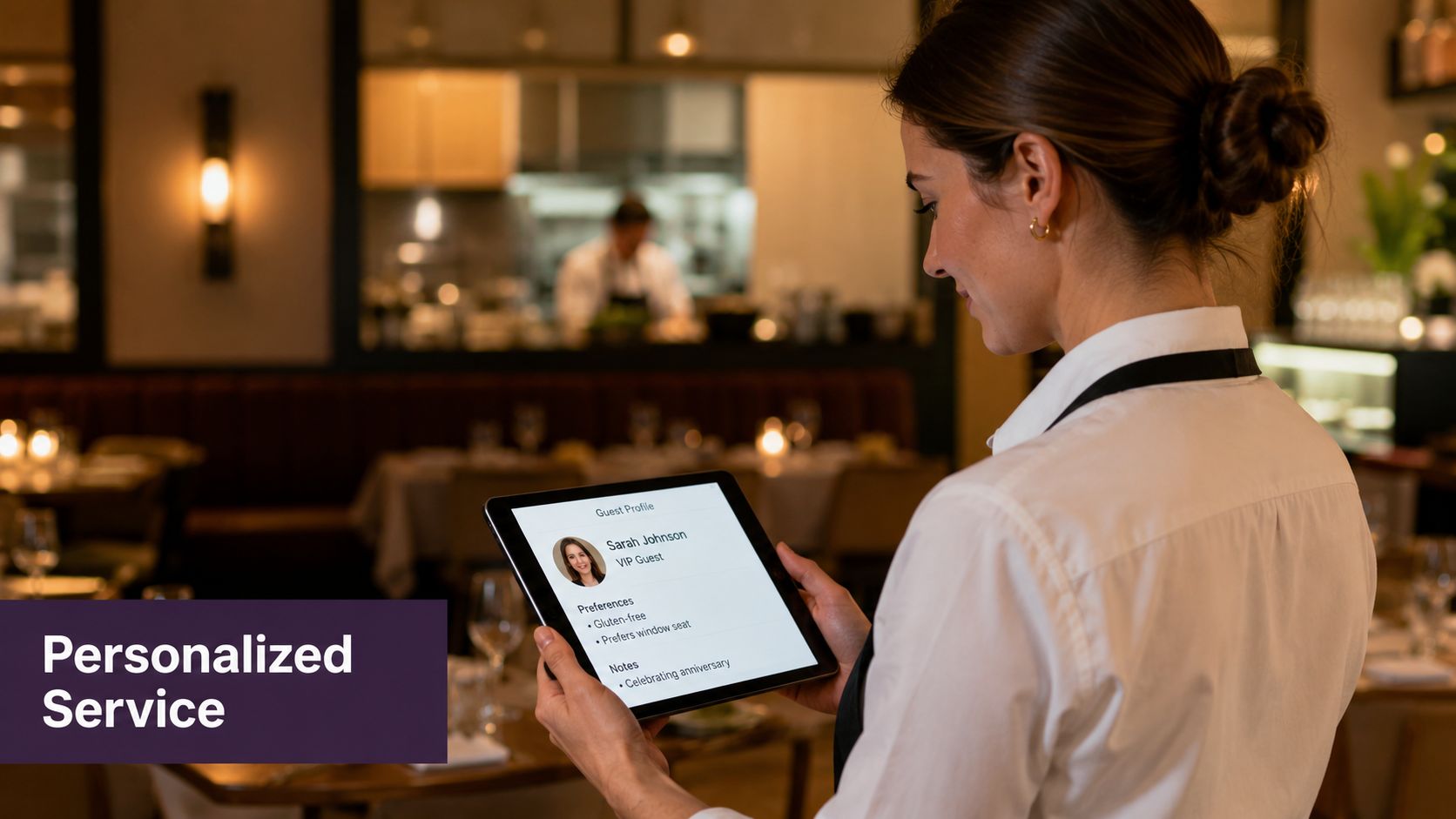 A server holding a digital tablet displaying guest profile information in a restaurant setting with personalized details.