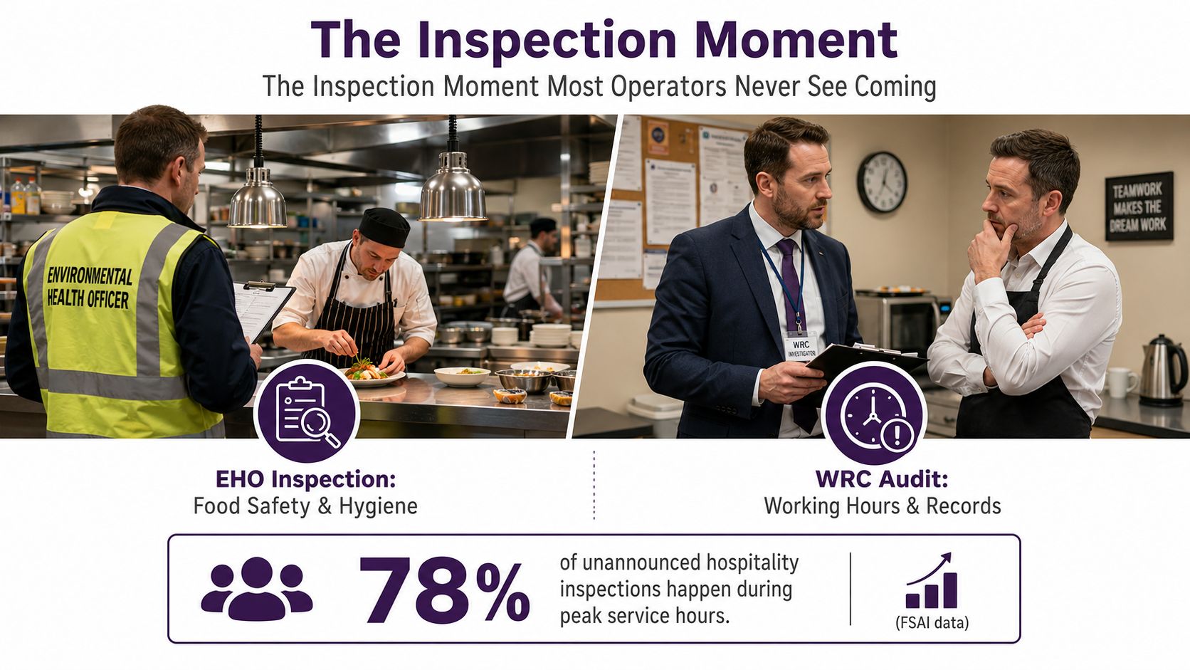 A split-screen graphic showing an EHO food safety inspection and a WRC workplace audit in a restaurant.