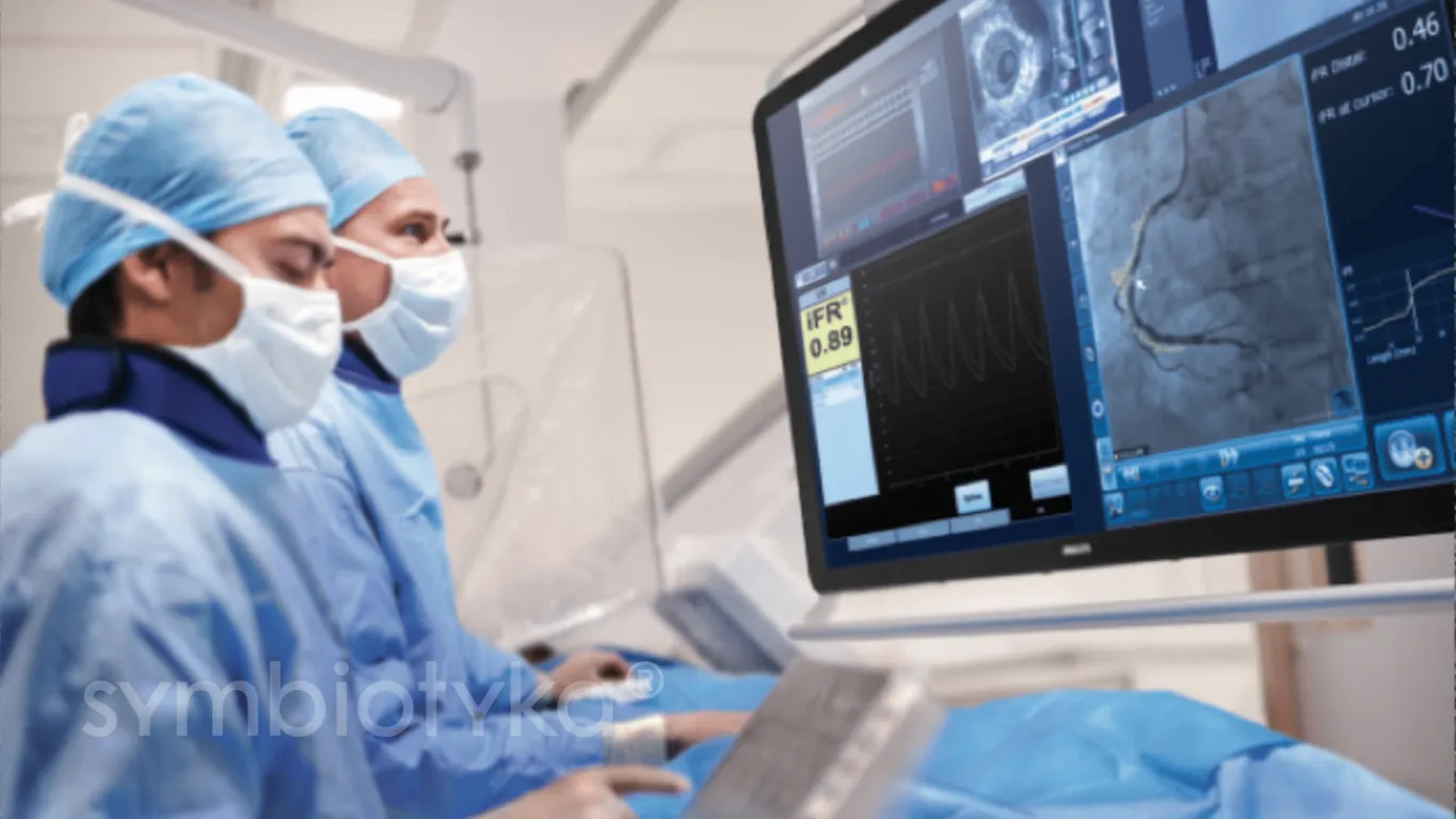 A couple of doctors in scrubs operating on a monitor.