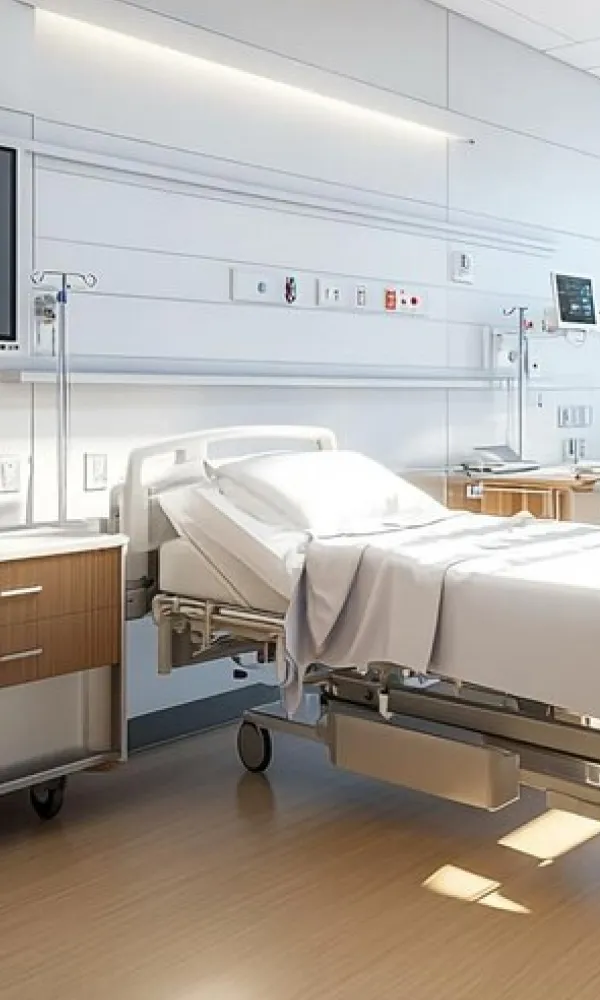 A hospital room with a bed and a television.