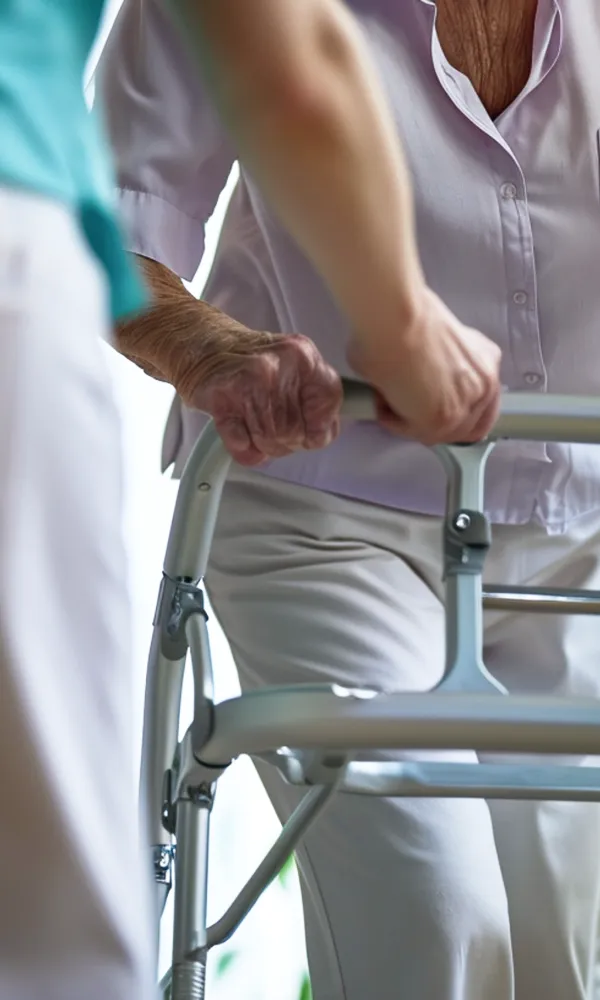 A woman in a white shirt pushing a walker.