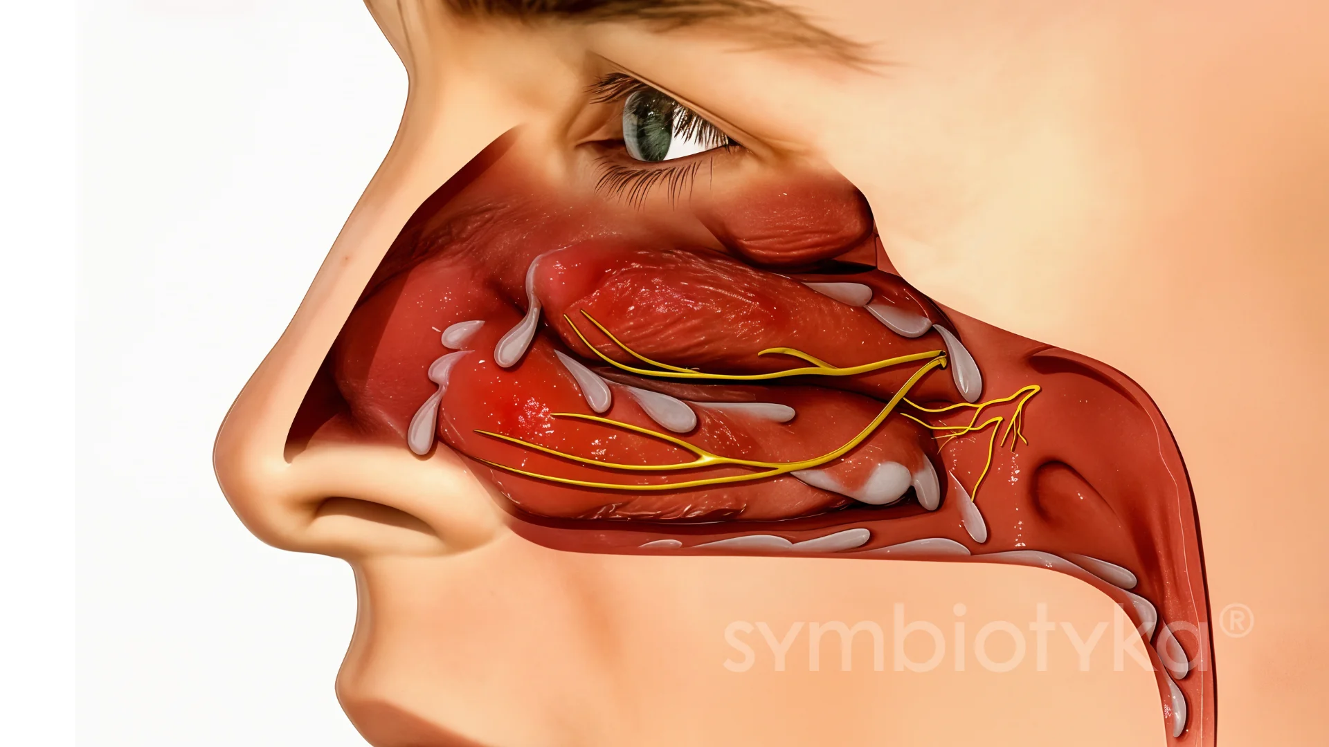 A medical illustration of the nose and throat.