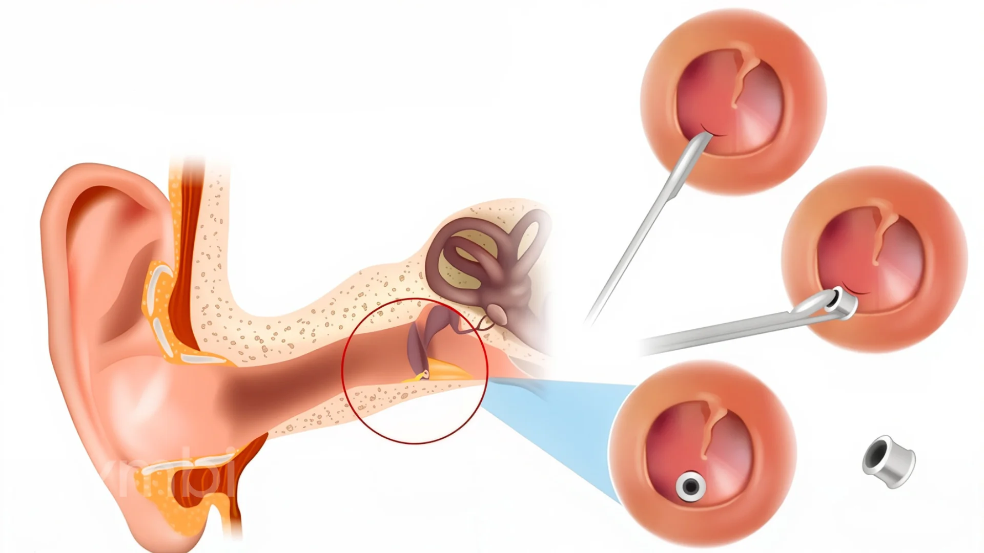 A diagram of a person's ear being pierced with a pair of scissors.