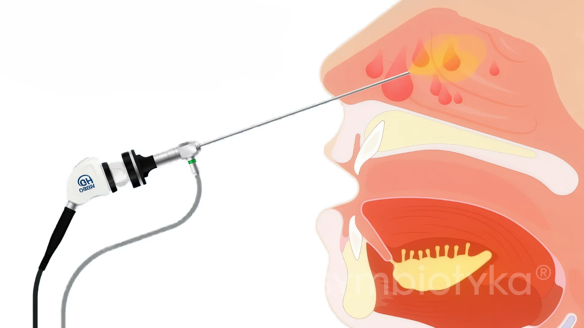 A medical device attached to the side of a person's mouth.