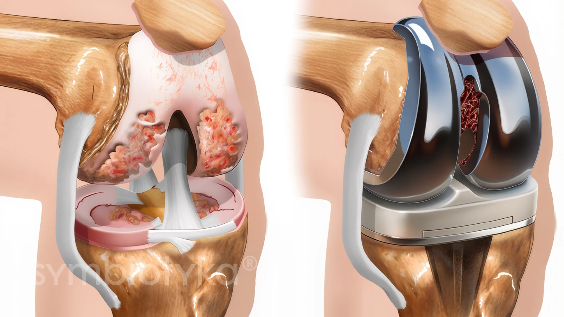 A medical illustration of a knee joint and a normal knee joint.