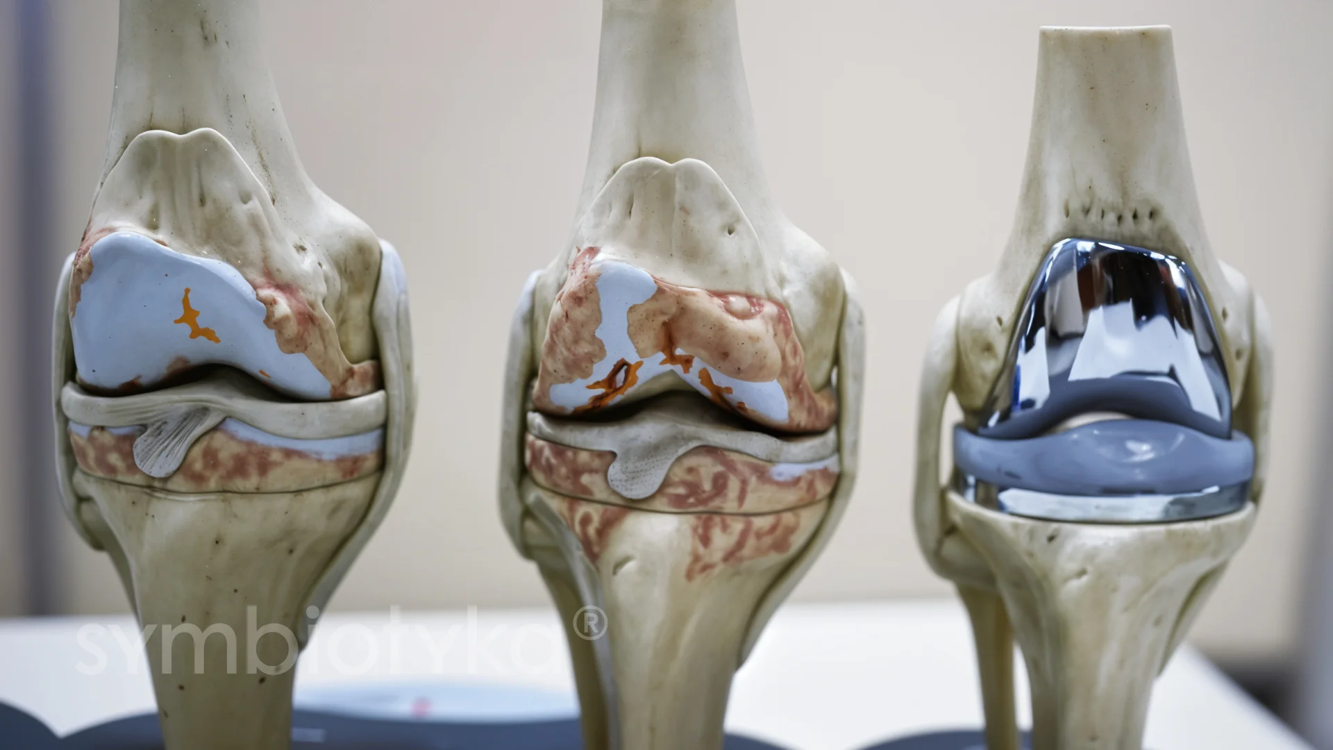 A medical model of a knee with a normal knee.