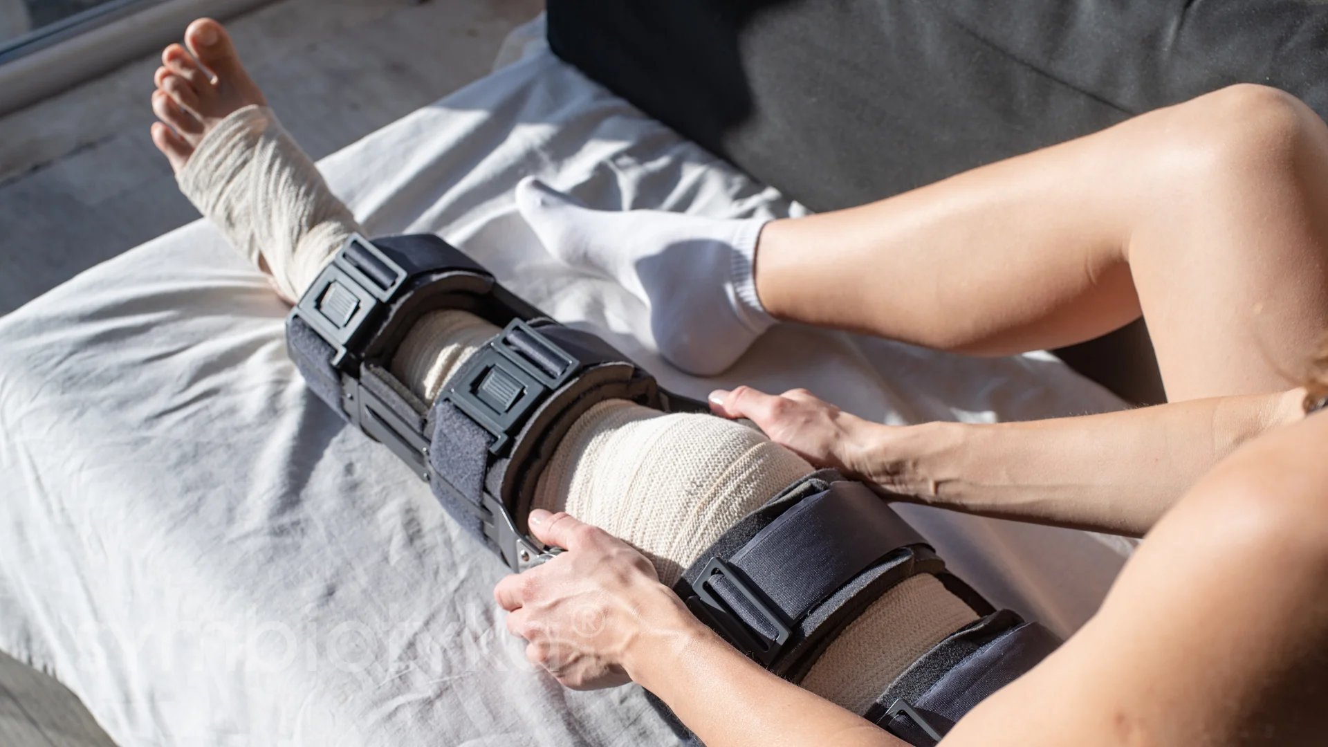 A woman with a cast on her leg sitting on a couch.