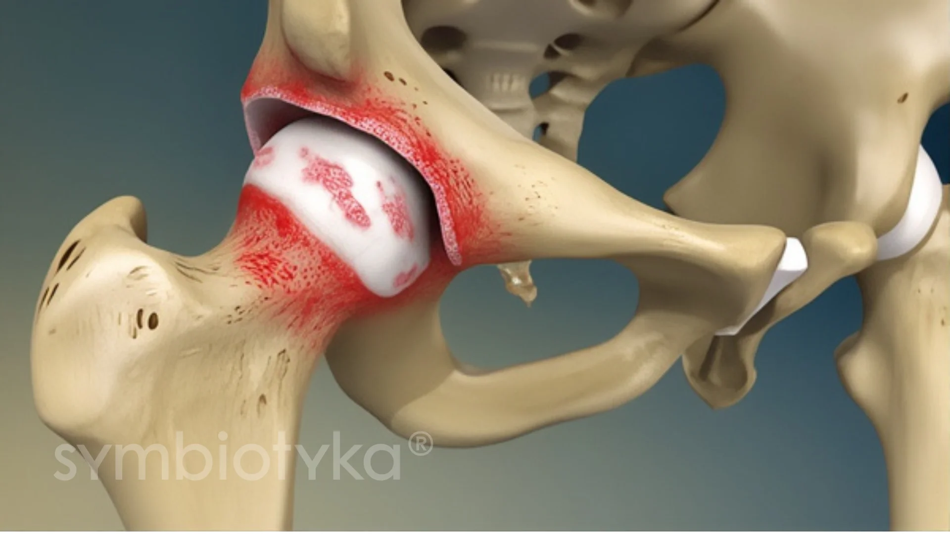 A medical model of a knee with a red spot on it.