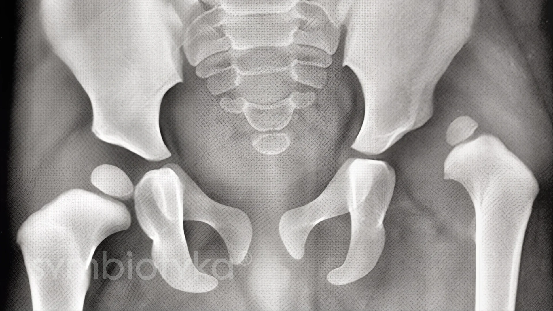 A black and white photo of a knee joint.