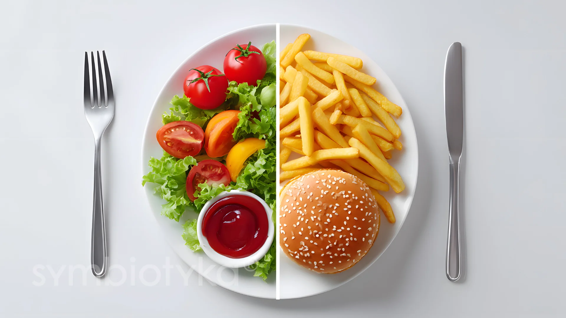 A white plate topped with a hamburger and fries.
