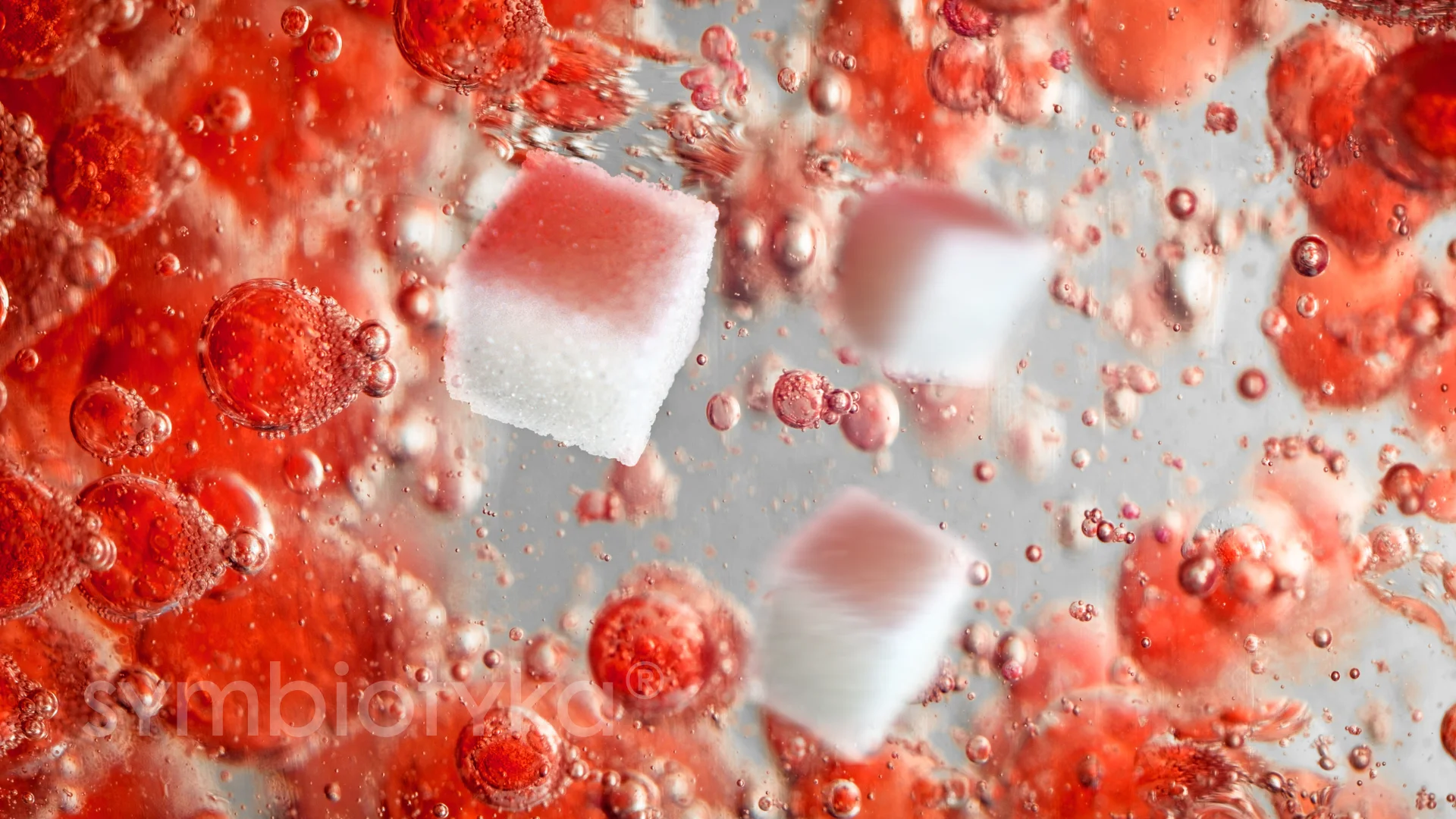 Ice cubes and water bubbles on a red and white background.