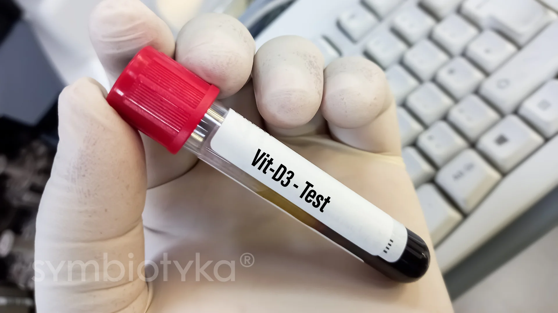 A person holding a blood test in their hand.
