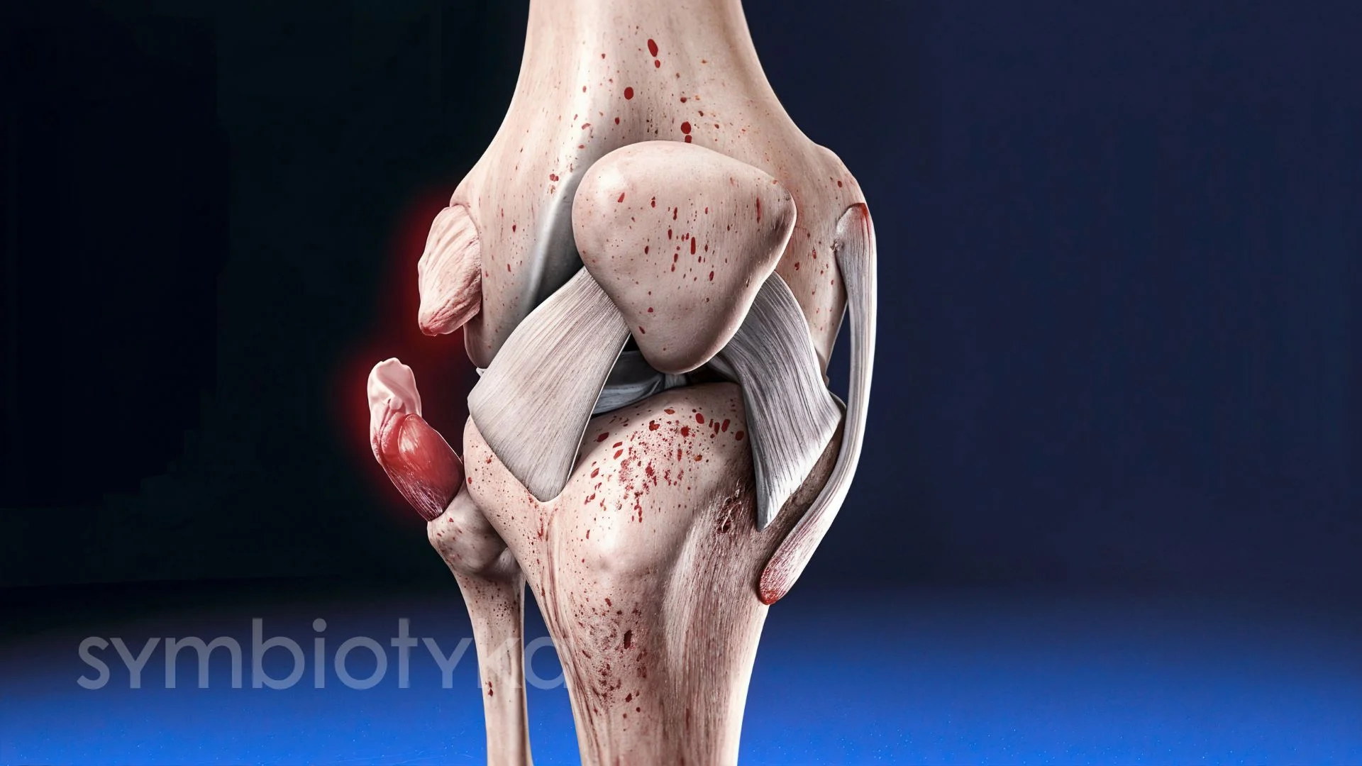 A medical model of a knee with blood all over it.