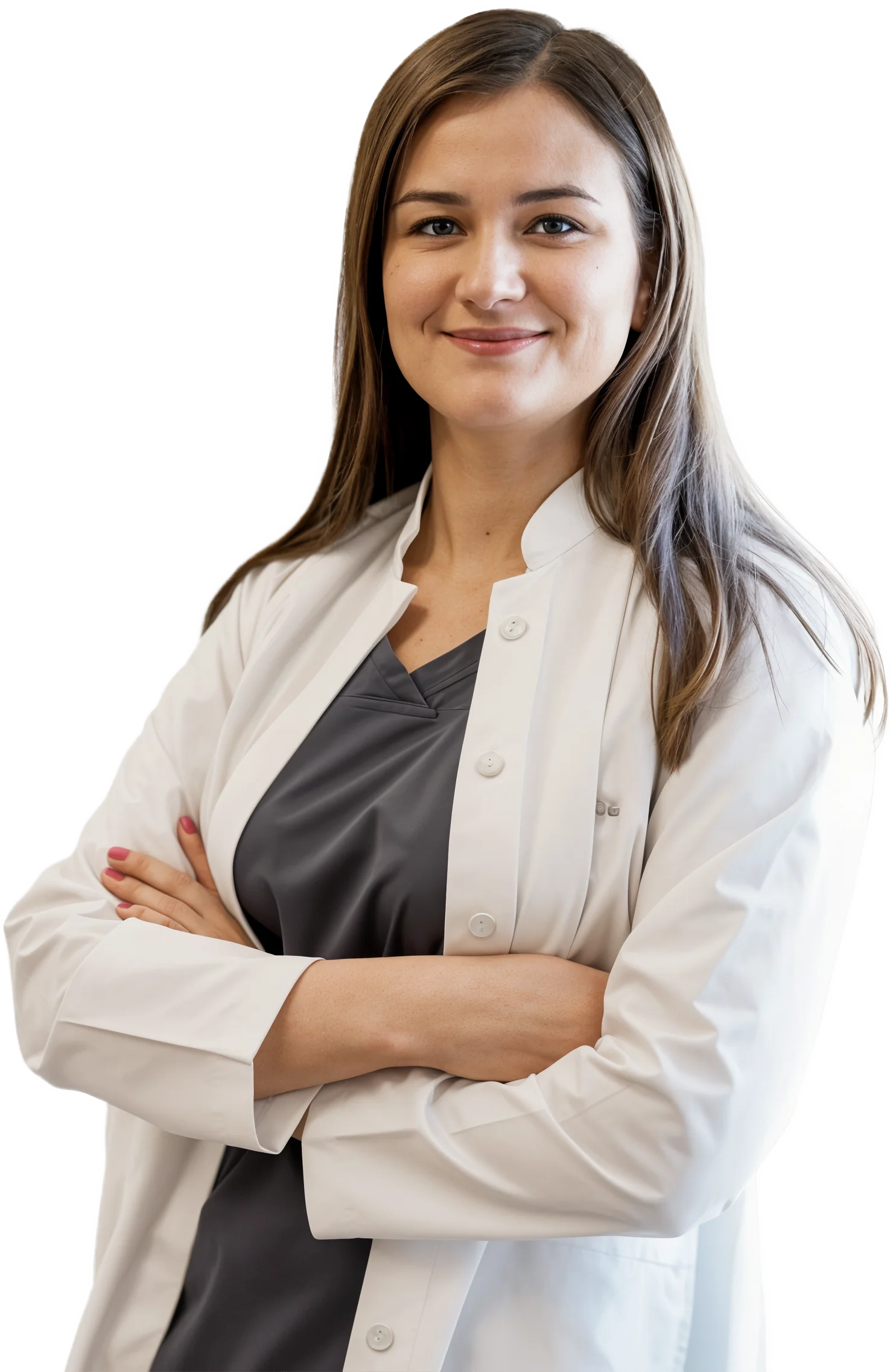 A woman in a white coat is posing for a picture.