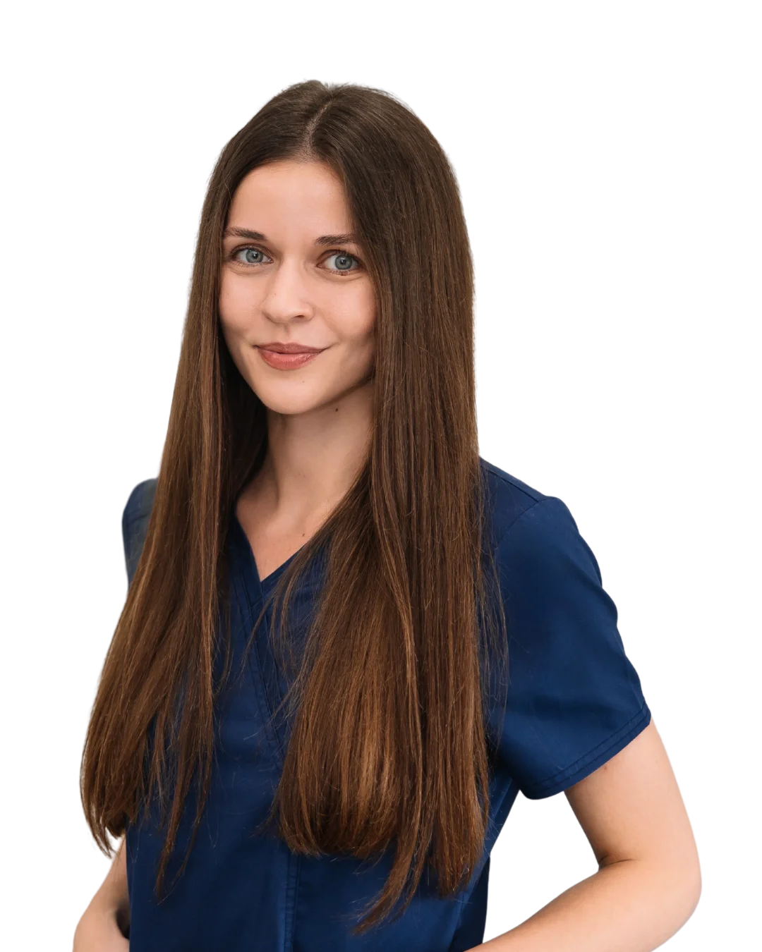 A woman with long hair wearing a blue shirt.