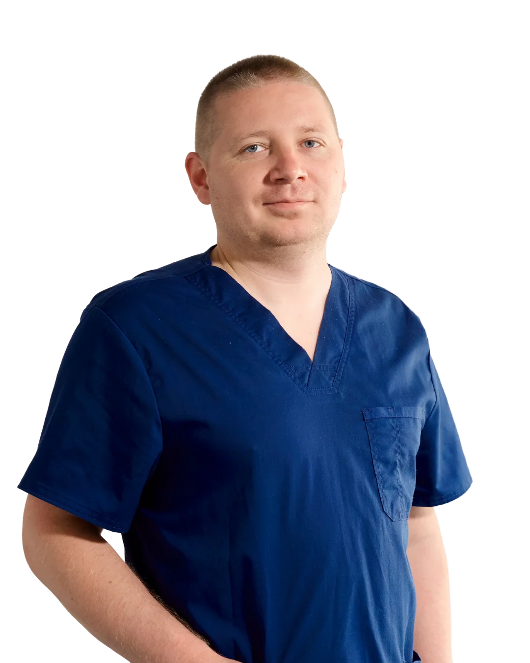 A male in a blue scrub suit.