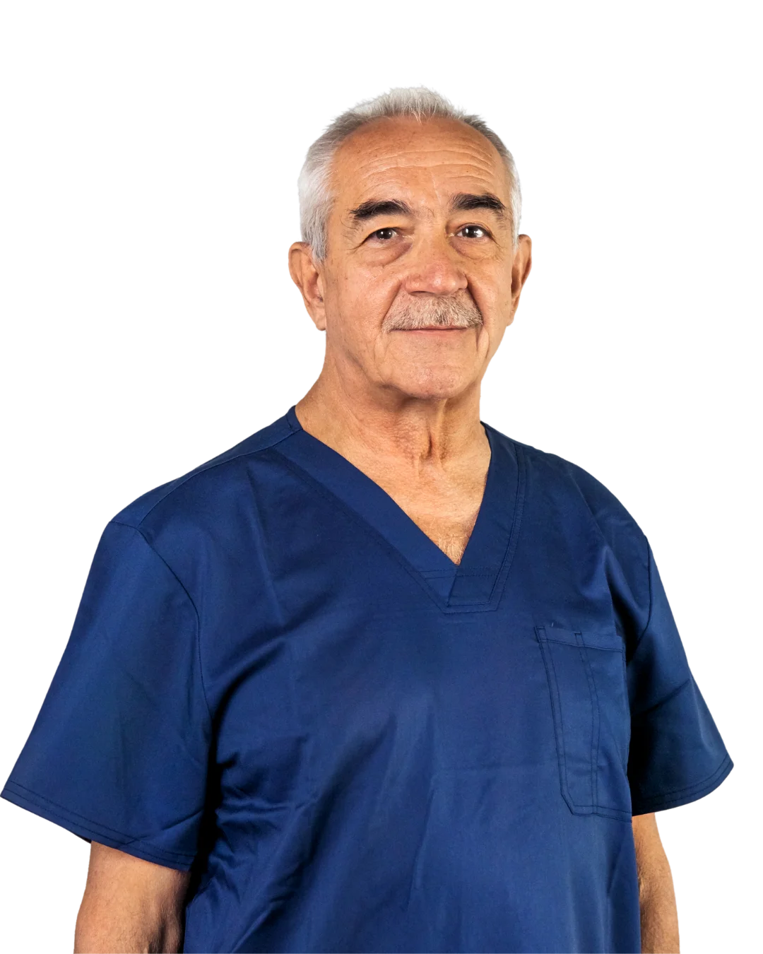 A man in a blue scrub suit.