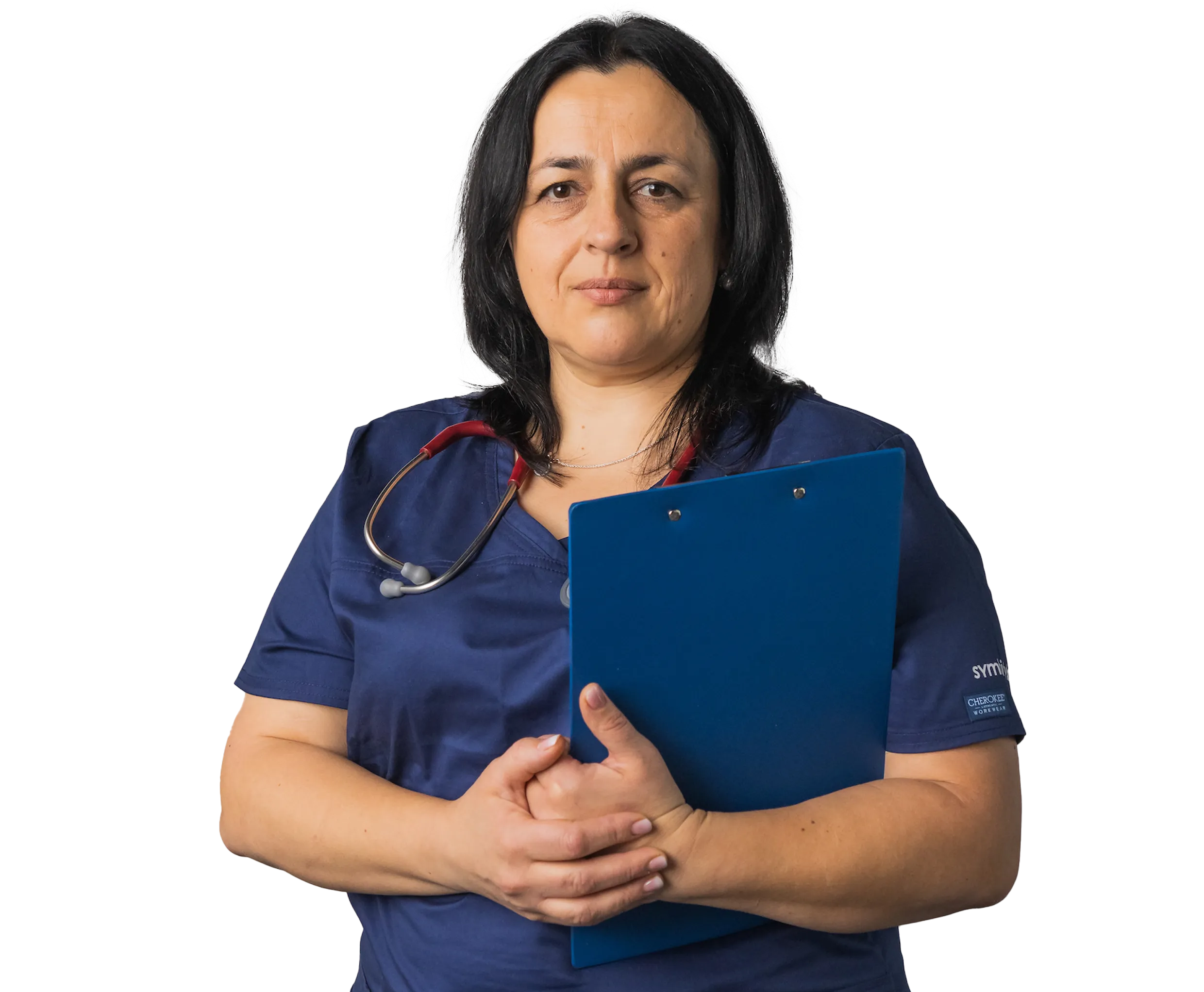 A woman in scrubs holding a blue folder.