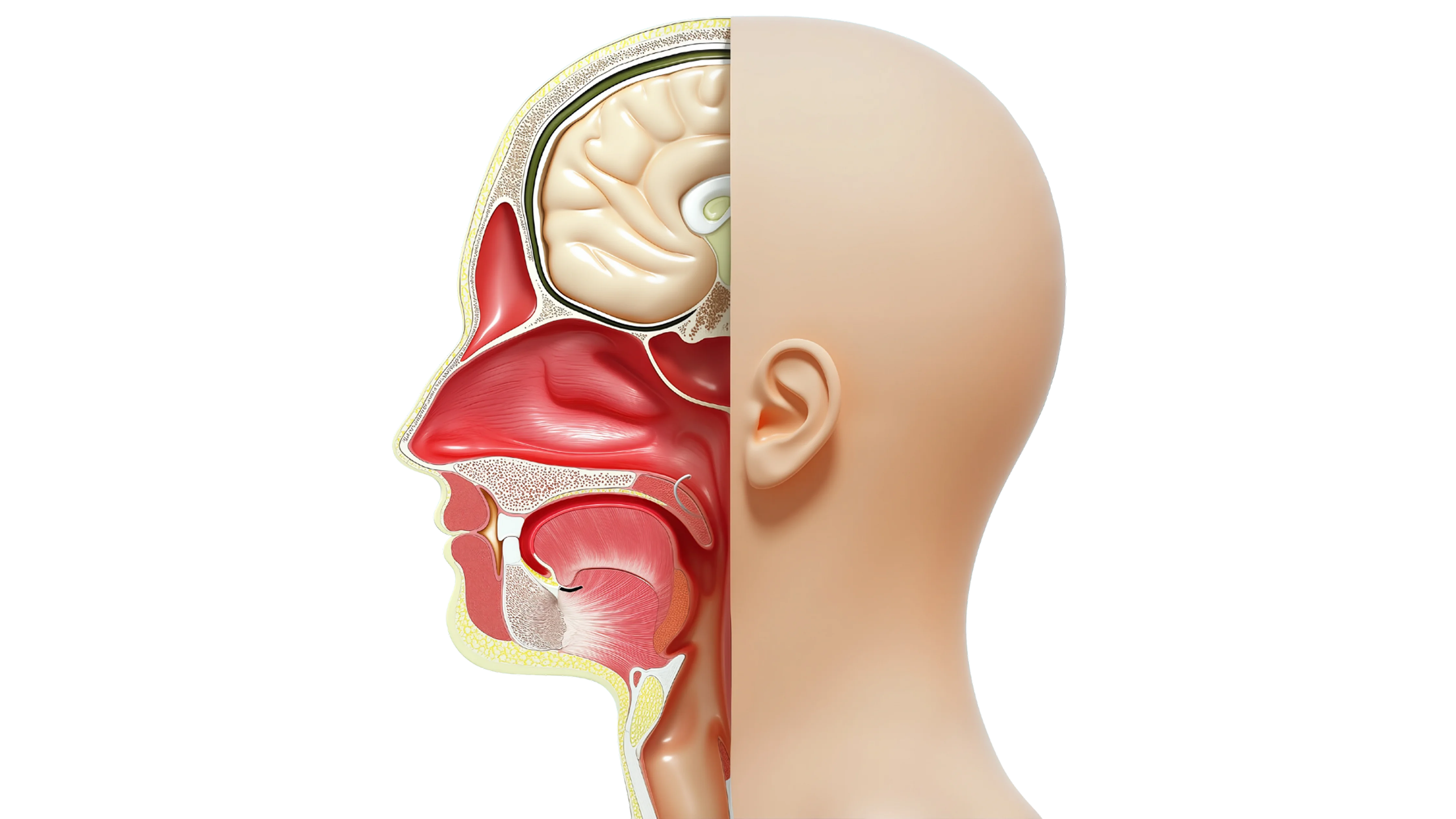 The side of a human head with a section of the brain visible.