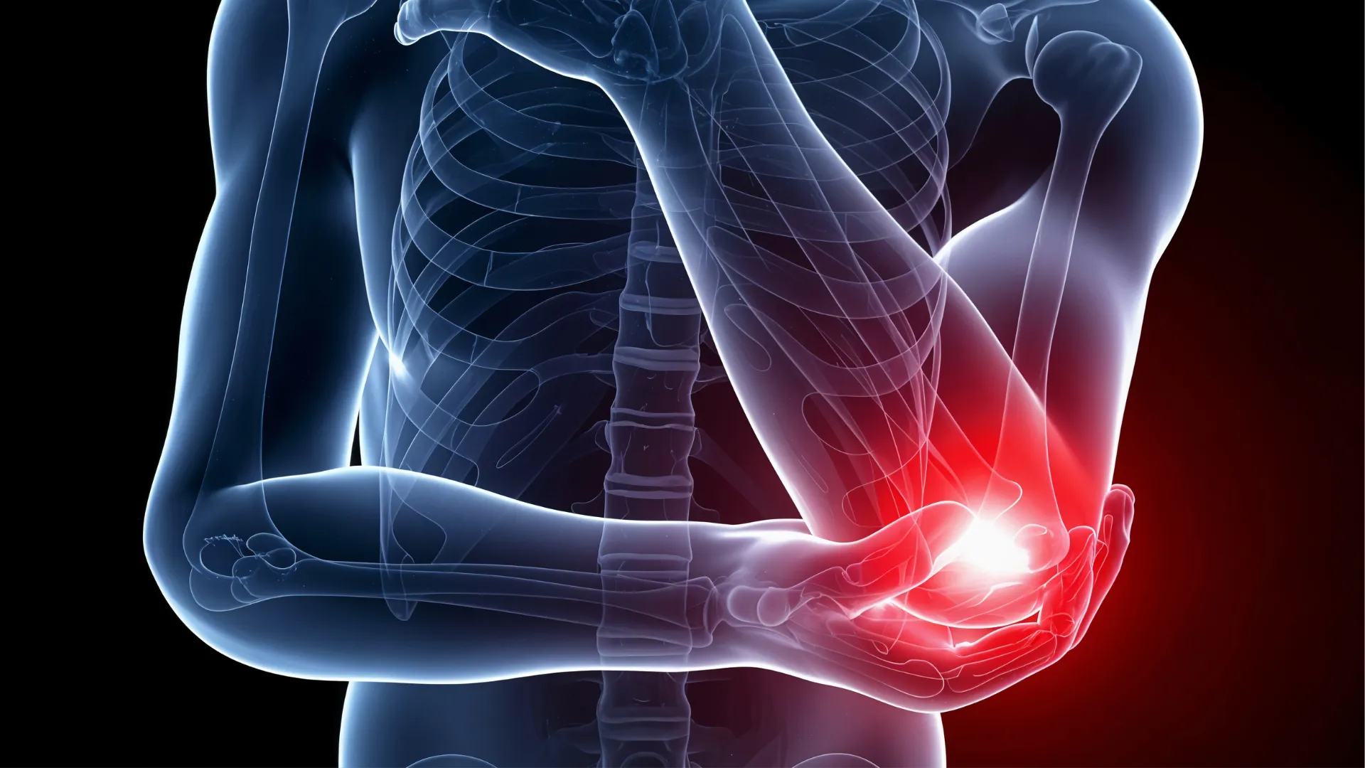 X-ray style image of a human torso and arms highlighting elbow pain with a red glow.