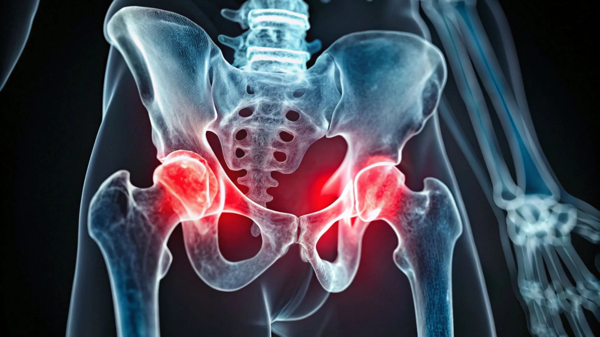 X-ray image of human pelvis and hip joints showing inflammation in both hips highlighted in red.