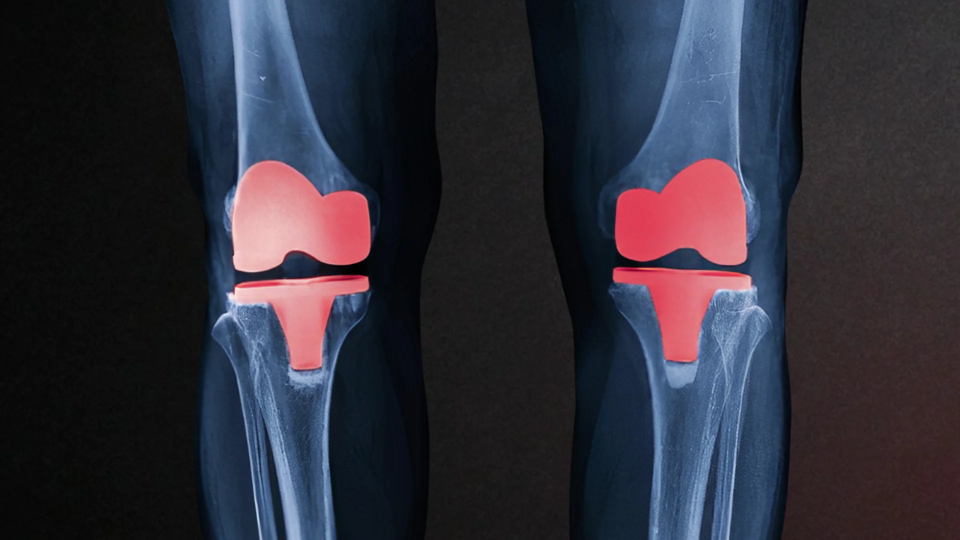 X-ray image of knees with highlighted knee joint implants in red.