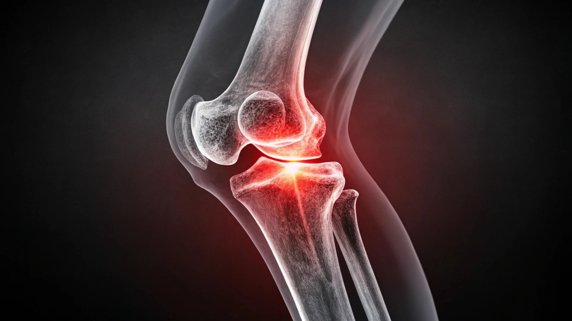 X-ray image of a human knee joint with red highlighting indicating pain or inflammation.