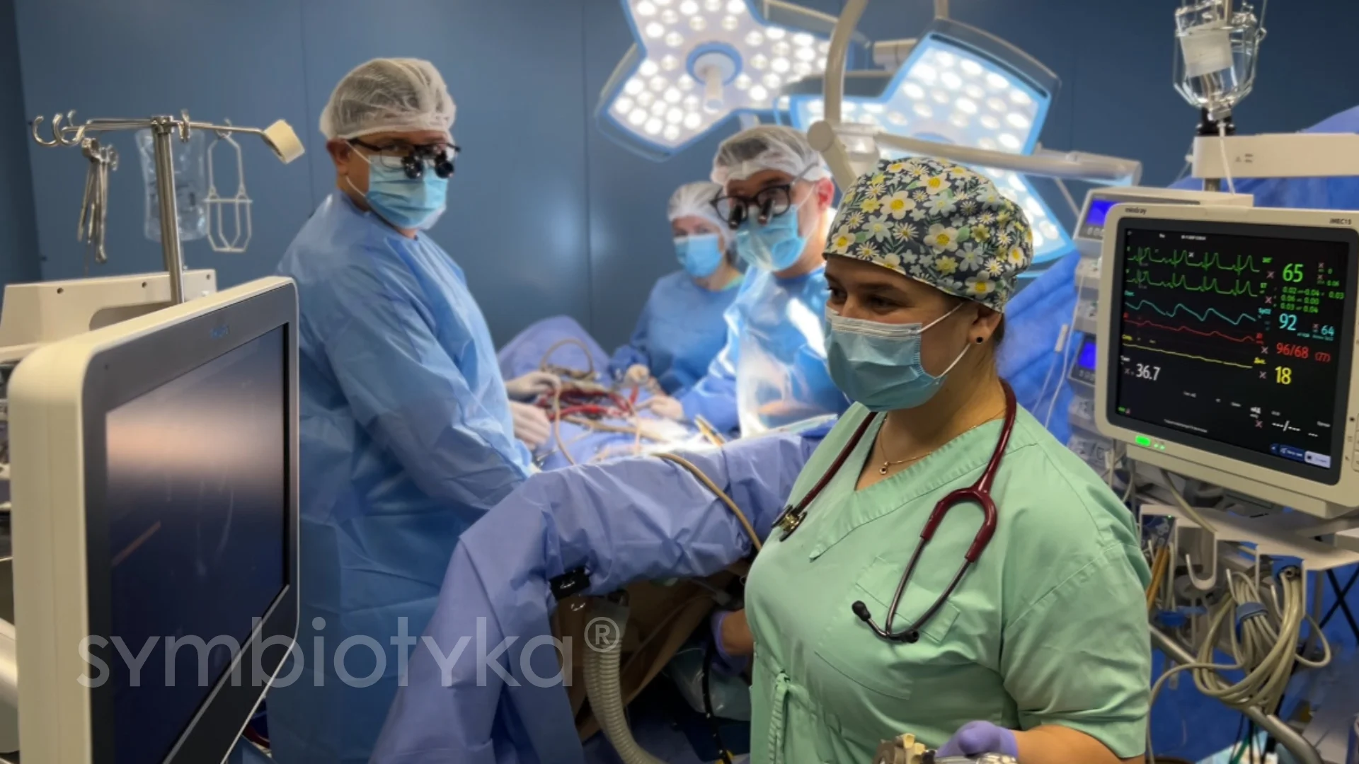 Surgical team wearing masks and scrubs operating in an operating room with medical monitors and equipment.