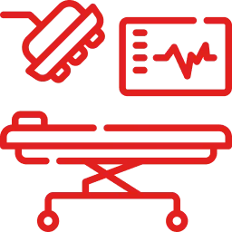 Red line icon of a medical examination table with a stethoscope and a heart rate monitor.