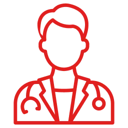 Red line art icon of a doctor wearing a stethoscope around the neck.