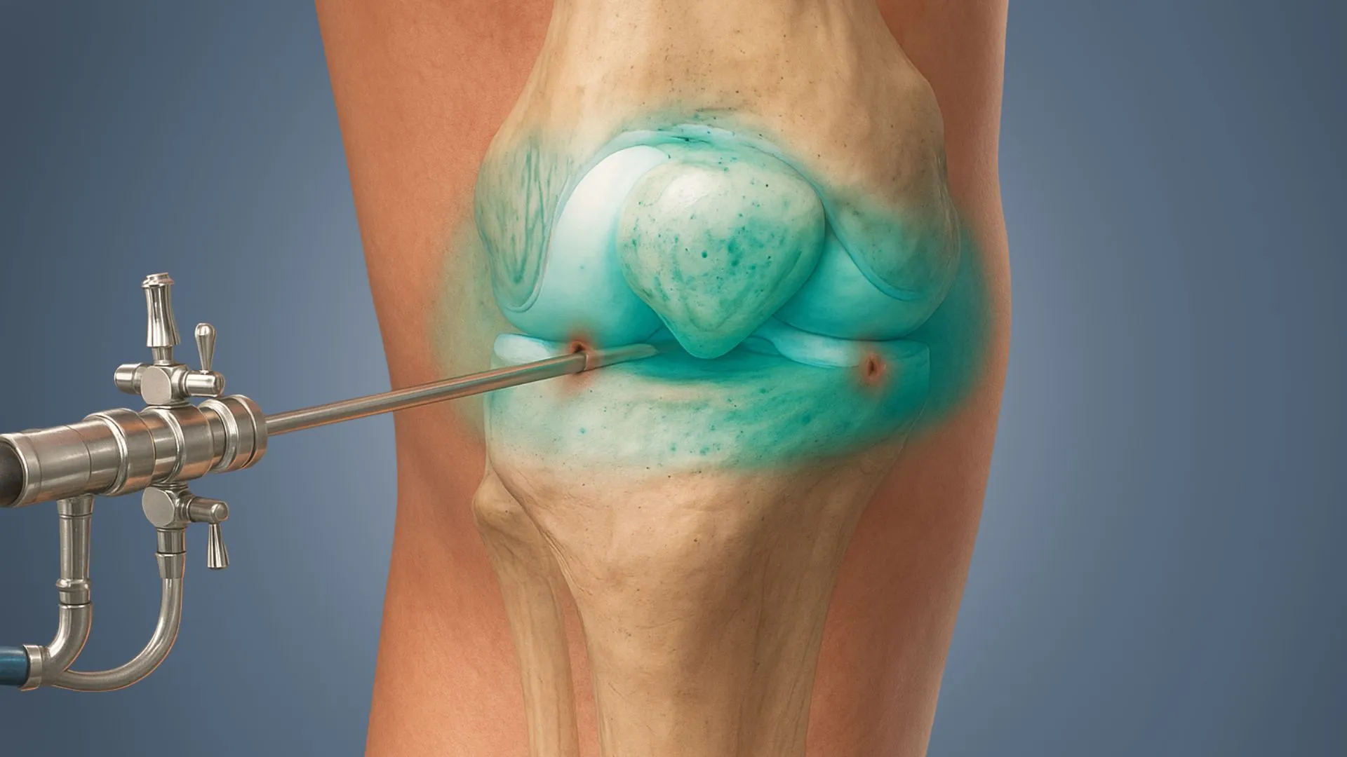 Medical illustration showing arthroscopy procedure with a scope inserted into a knee joint.